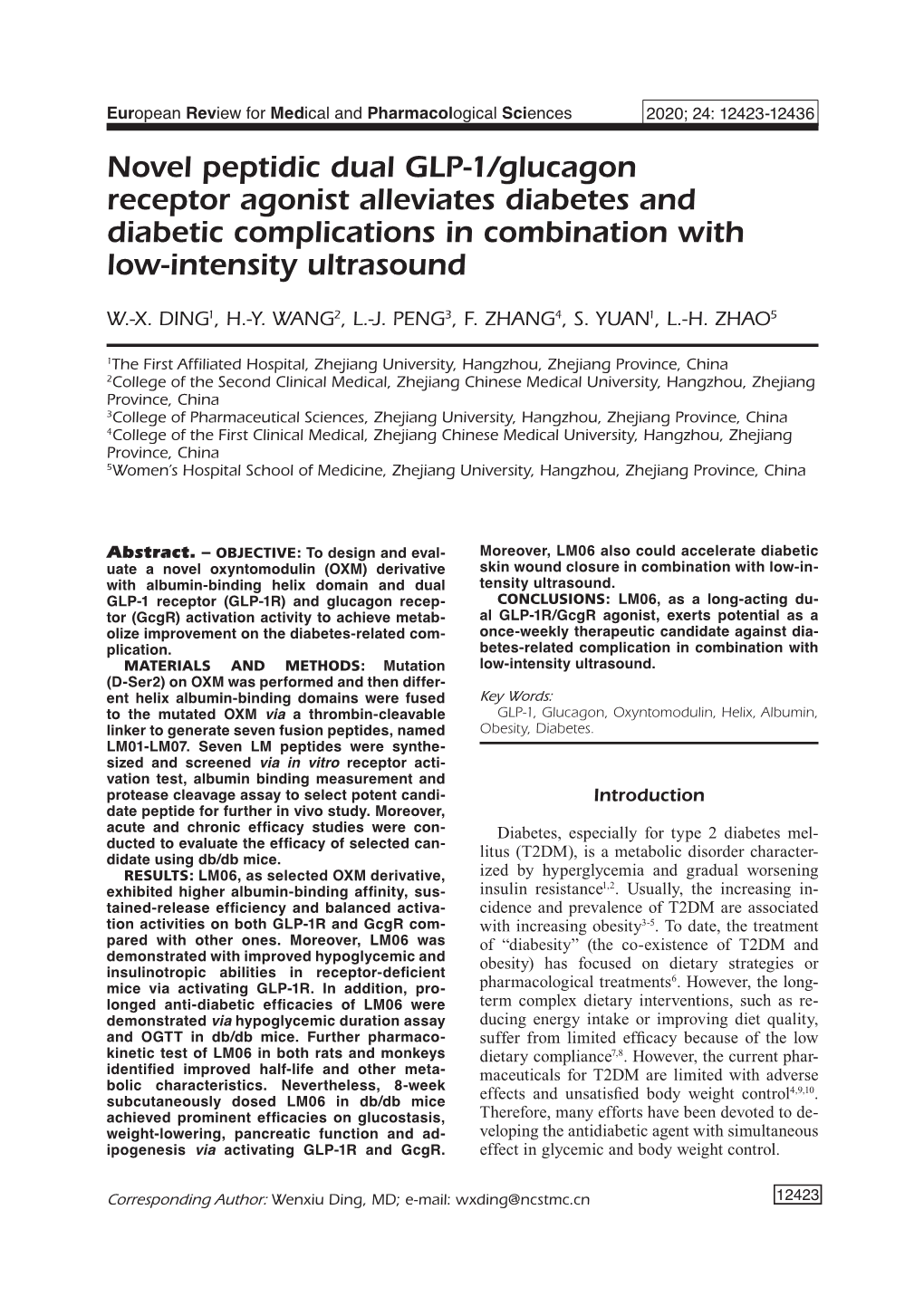 Novel Peptidic Dual GLP-1/Glucagon Receptor Agonist Alleviates Diabetes and Diabetic Complications in Combination with Low-Intensity Ultrasound