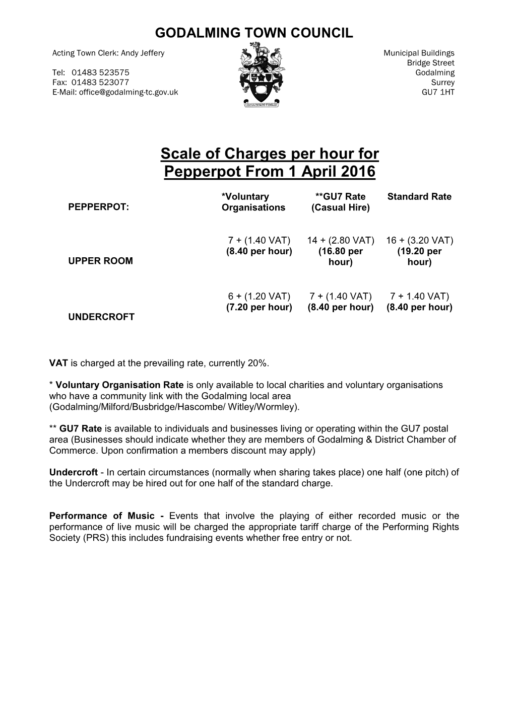 Scale of Charges Per Hour for Pepperpot from 1 April 2016