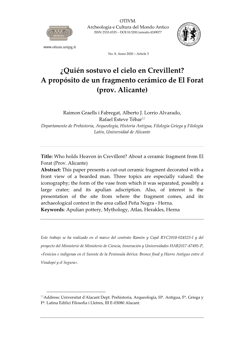 ¿Quién Sostuvo El Cielo En Crevillent? a Propósito De Un Fragmento Cerámico De El Forat (Prov