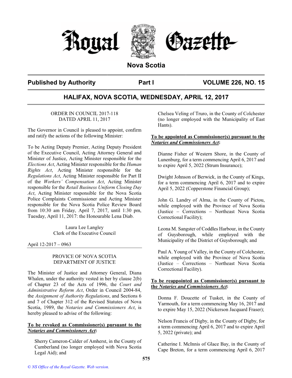 NS Royal Gazette Part I