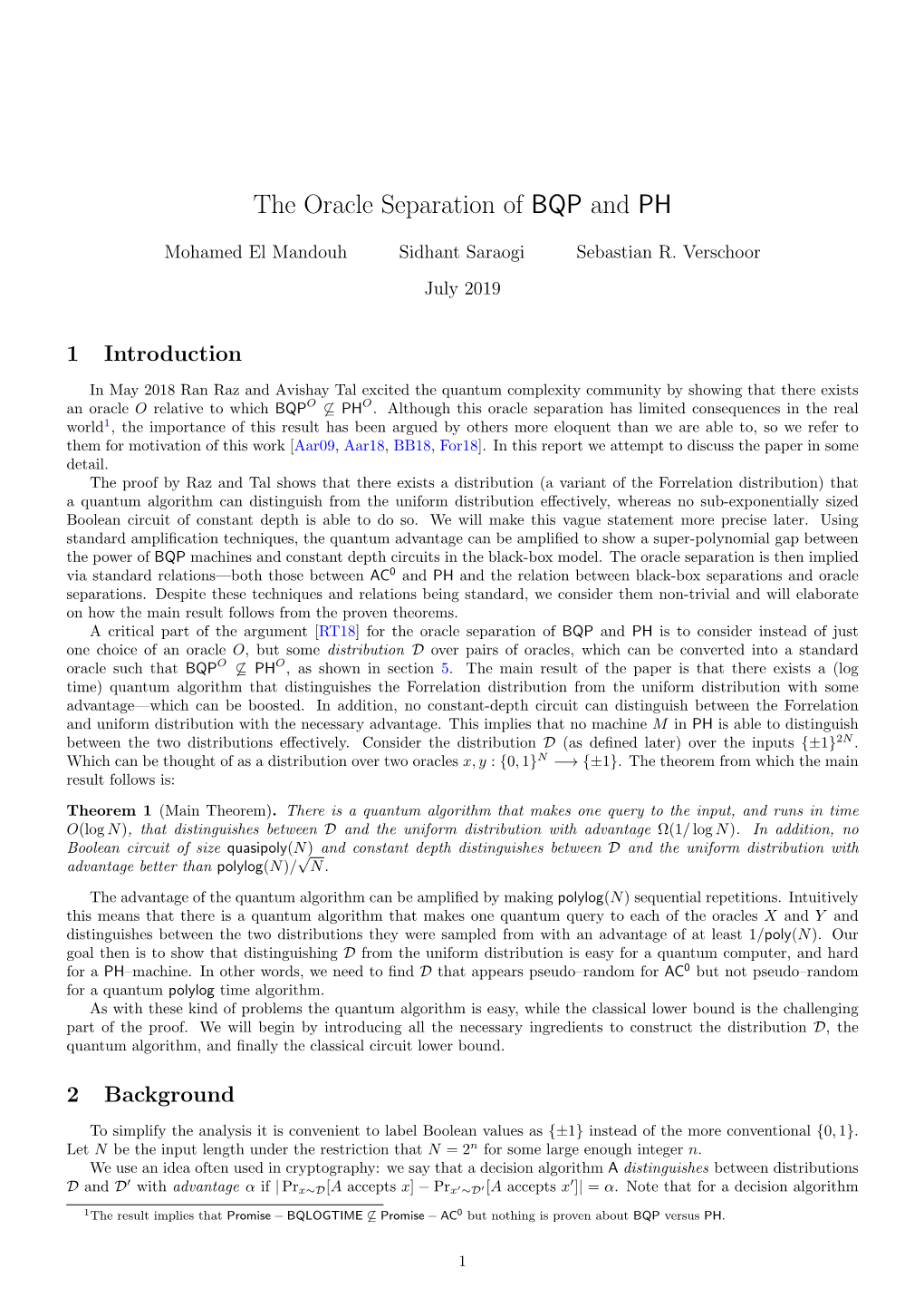 The Oracle Separation of BQP and PH