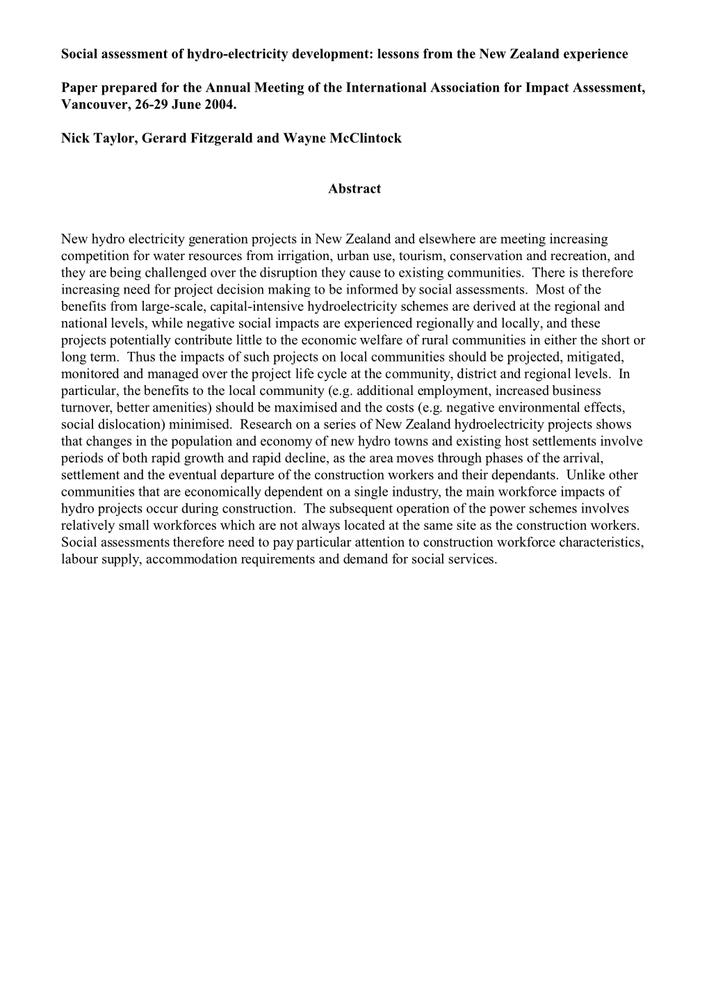 Social Assessment of Hydro-Electricity Development: Lessons from the New Zealand Experience