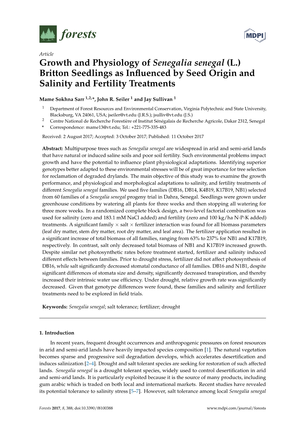 Growth and Physiology of Senegalia Senegal (L.) Britton Seedlings As Inﬂuenced by Seed Origin and Salinity and Fertility Treatments