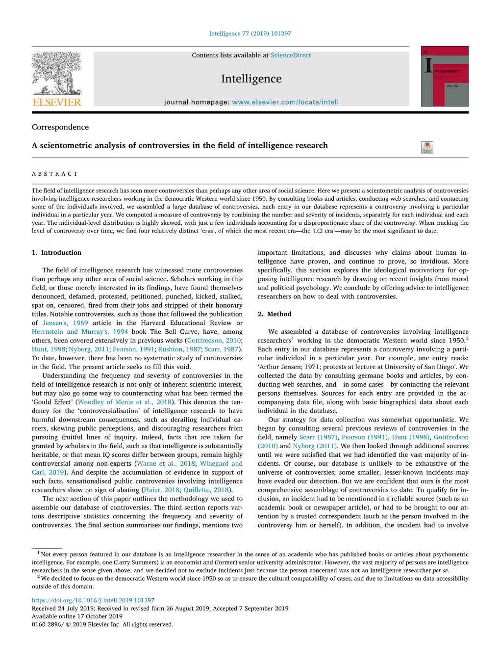 A Scientometric Analysis of Controversies in the Field of Intelligence Research T