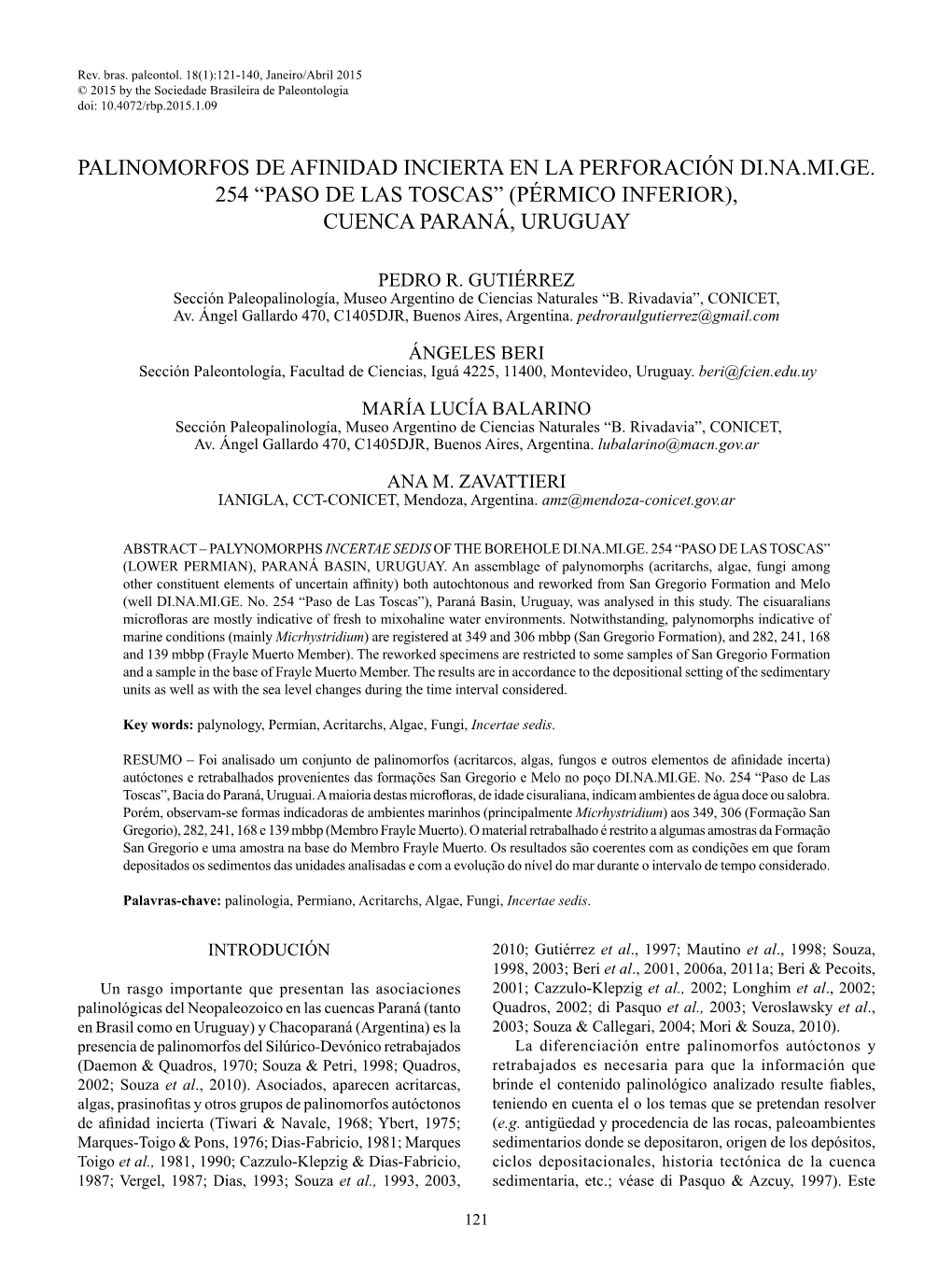 Palinomorfos De Afinidad Incierta En La Perforación Di.Na.Mi.Ge. 254 “Paso De Las Toscas” (Pérmico Inferior), Cuenca Paraná, Uruguay