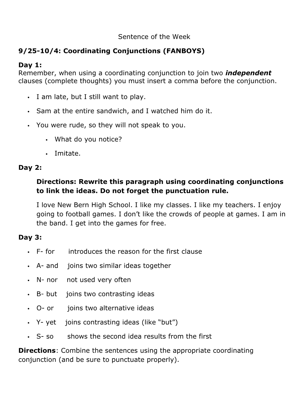 9/25-10/4: Coordinating Conjunctions (FANBOYS)