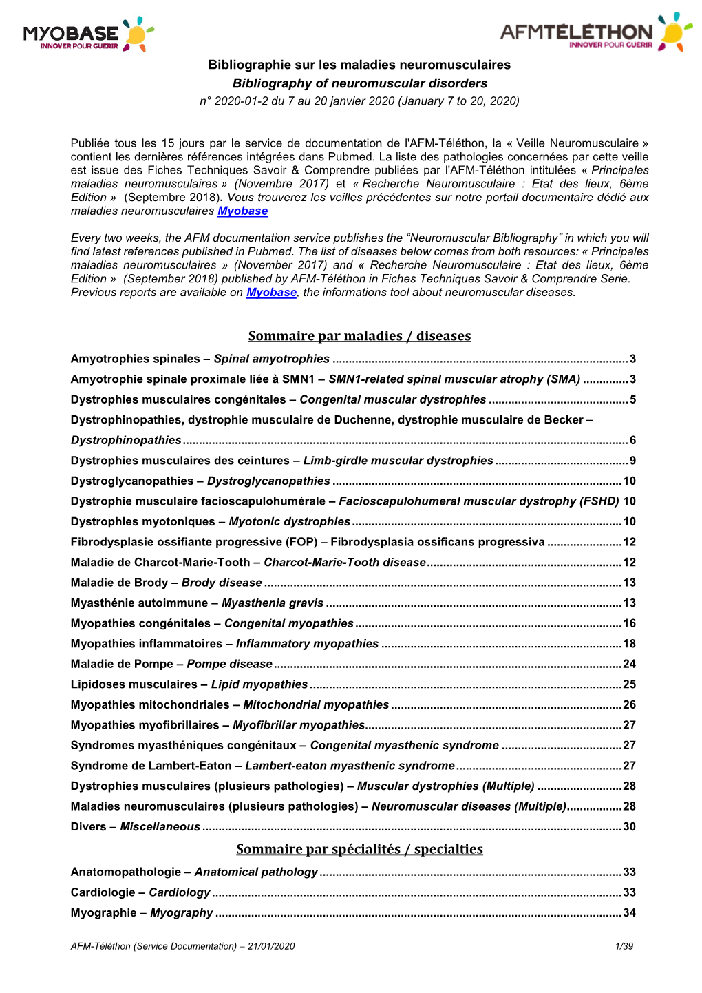 Bibliographie Sur Les Maladies Neuromusculaires Bibliography of Neuromuscular Disorders N° 2020-01-2 Du 7 Au 20 Janvier 2020 (January 7 to 20, 2020)