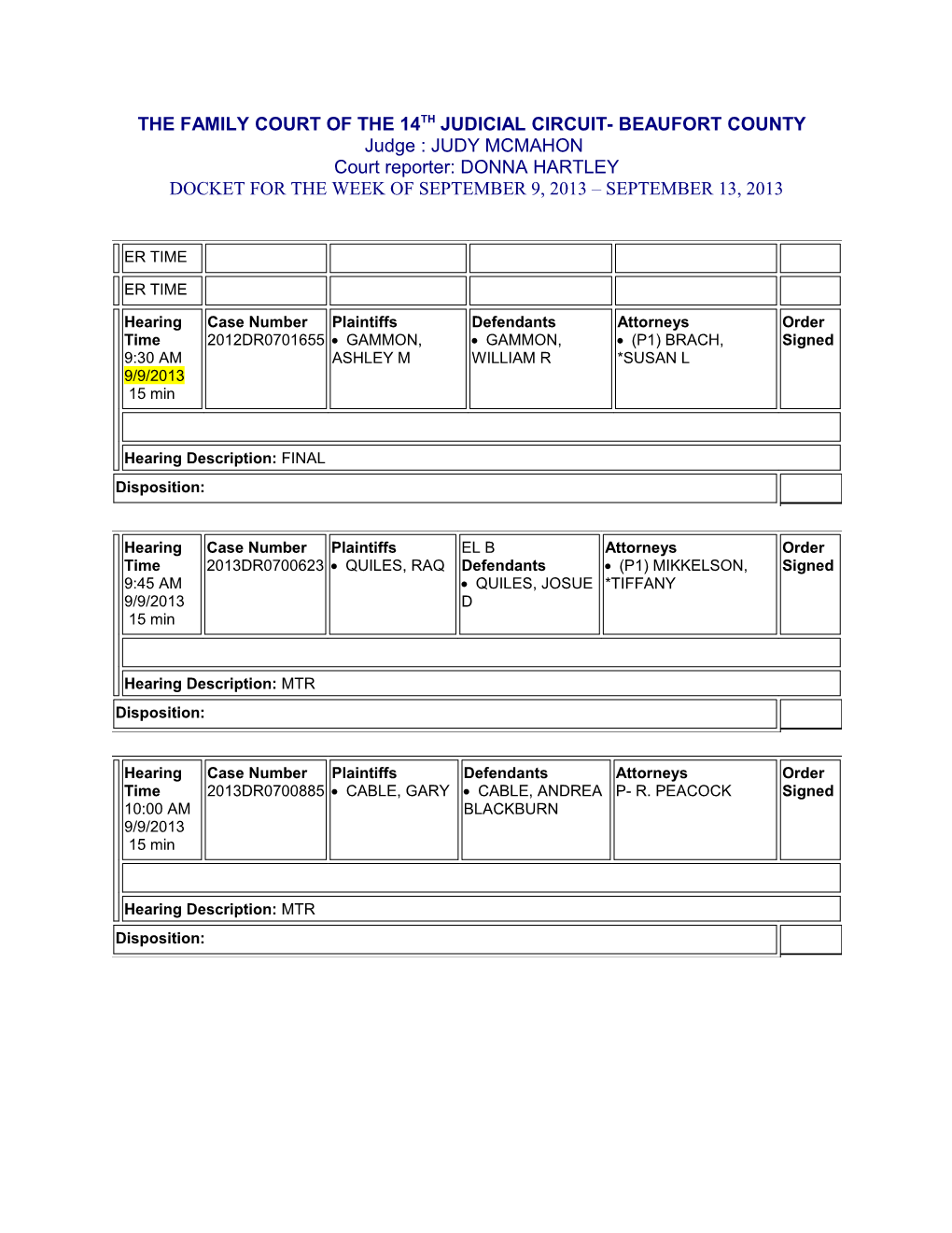 Docket for the Week of September 9, 2013 September 13, 2013