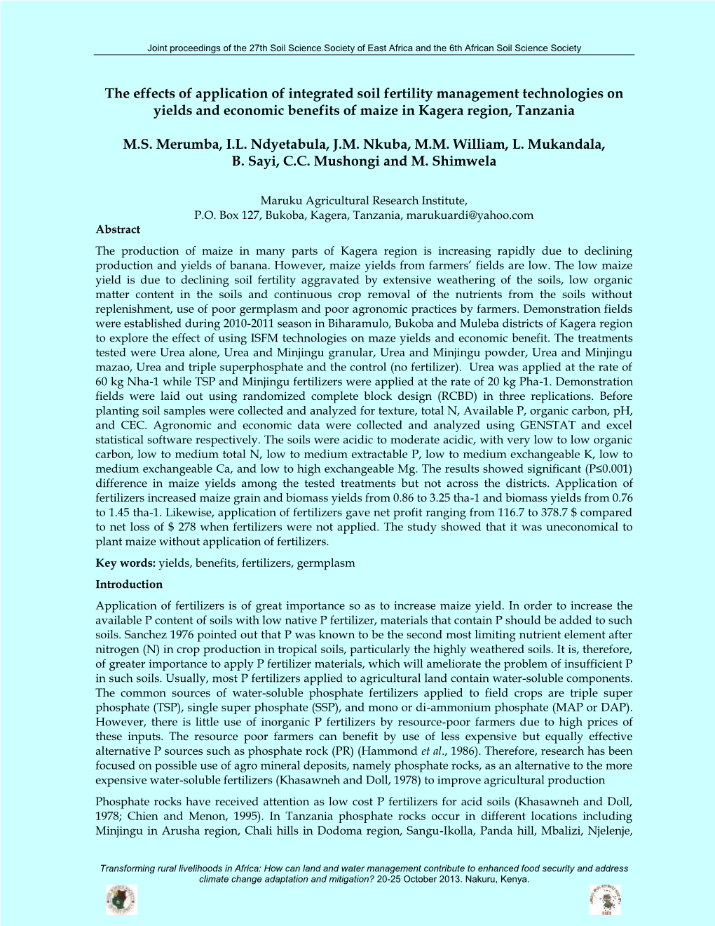 The Effects of Application of Integrated Soil Fertility Management Technologies on Yields and Economic Benefits of Maize in Kagera Region, Tanzania