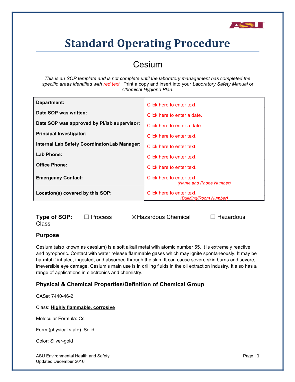 Type of SOP: Process Hazardous Chemical Hazardous Class s1