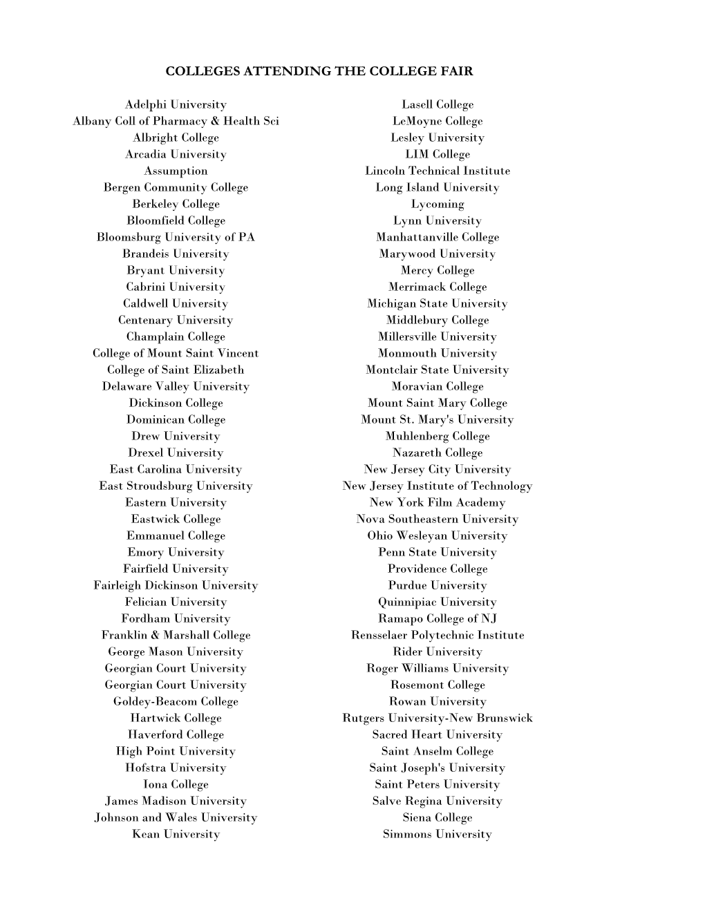 Colleges Attending the College Fair