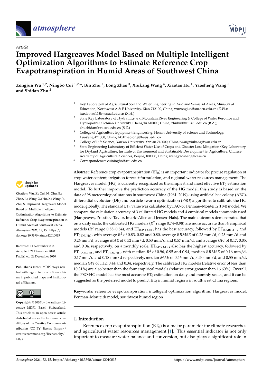 Improved Hargreaves Model Based on Multiple Intelligent Optimization Algorithms to Estimate Reference Crop Evapotranspiration in Humid Areas of Southwest China