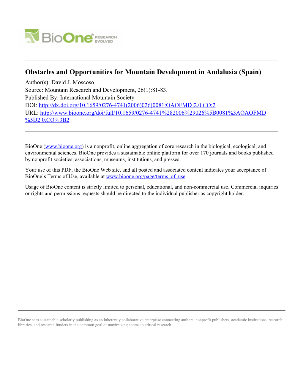 Obstacles and Opportunities for Mountain Development in Andalusia (Spain) Author(S): David J