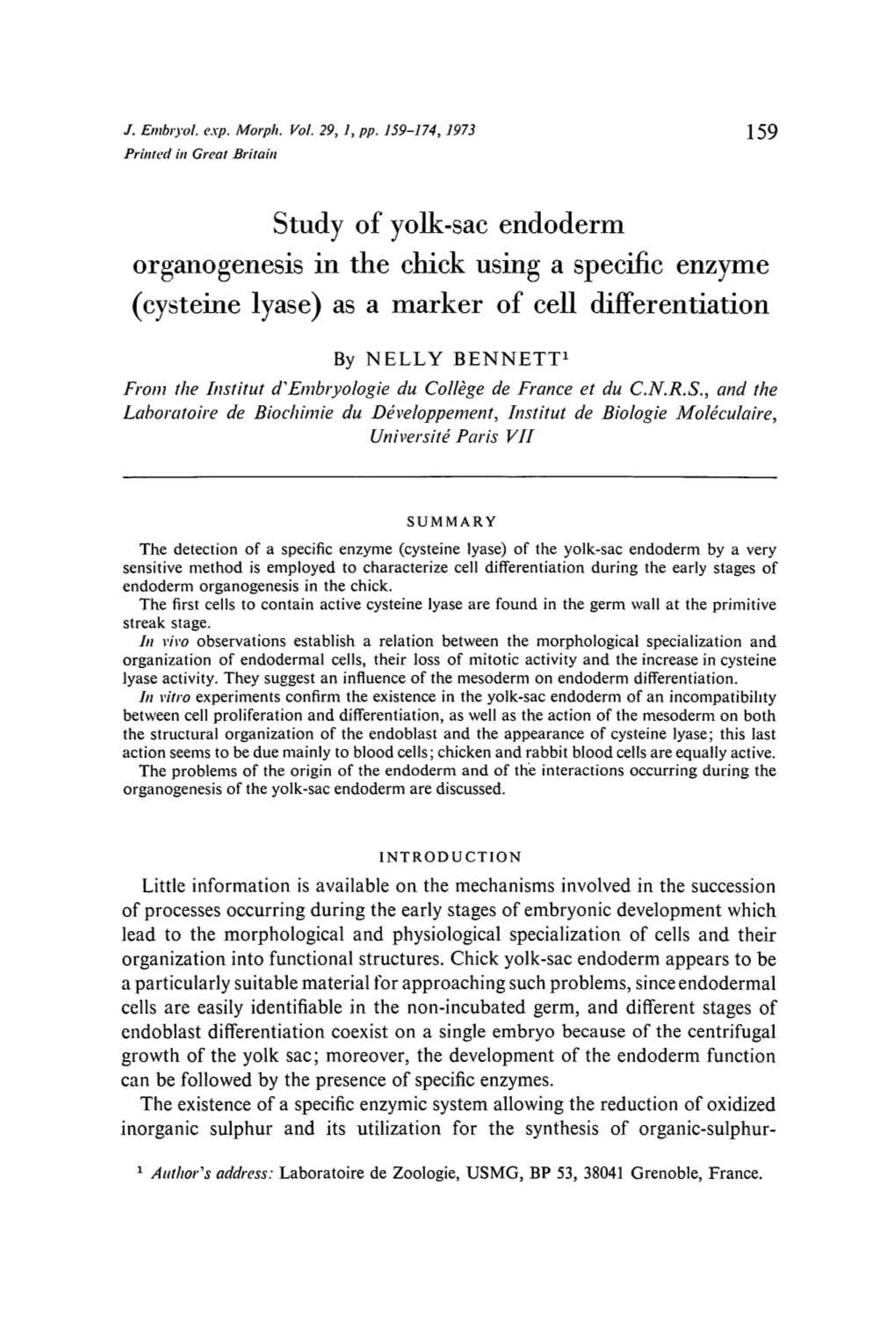 Study of Yolk-Sac Endoderm Organogenesis in the Chick Using a Specific Enzyme (Cysteine Lyase) As a Marker of Cell Differentiation