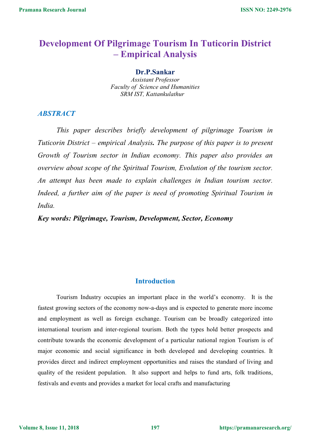 Development of Pilgrimage Tourism in Tuticorin District – Empirical Analysis