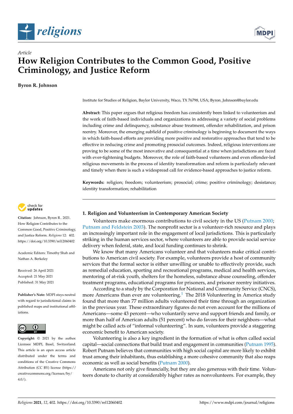 How Religion Contributes to the Common Good, Positive Criminology, and Justice Reform