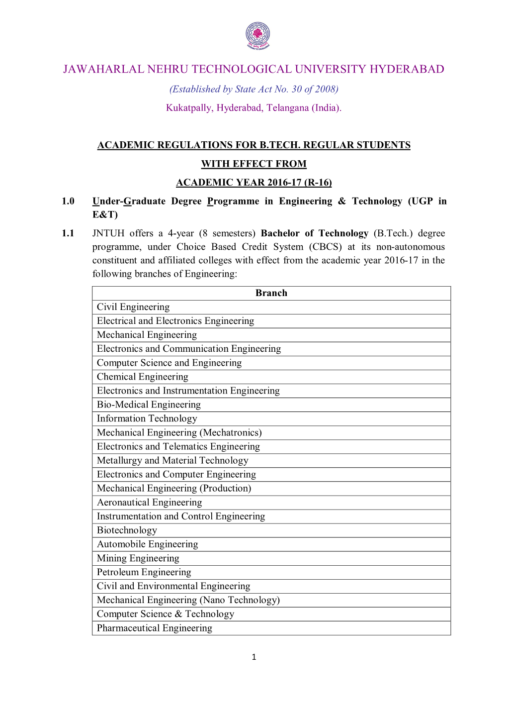 JAWAHARLAL NEHRU TECHNOLOGICAL UNIVERSITY HYDERABAD (Established by State Act No