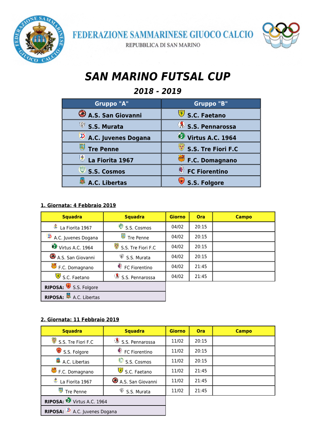 SAN MARINO FUTSAL CUP 2018 - 2019 Gruppo "A" Gruppo "B" A.S