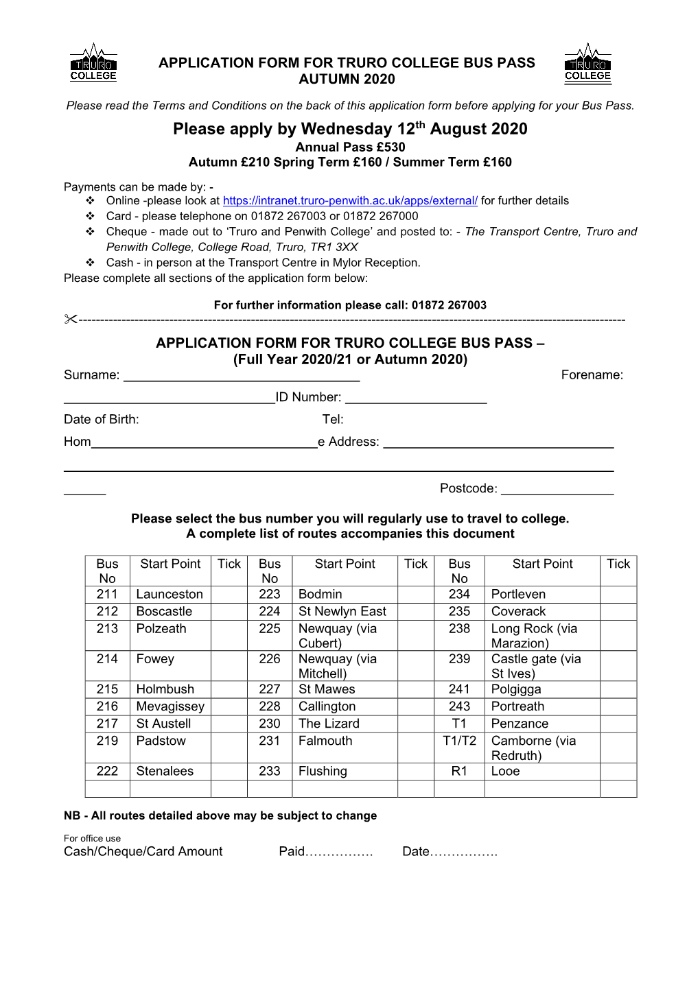 Application Form for Truro College Bus Pass Autumn 2020