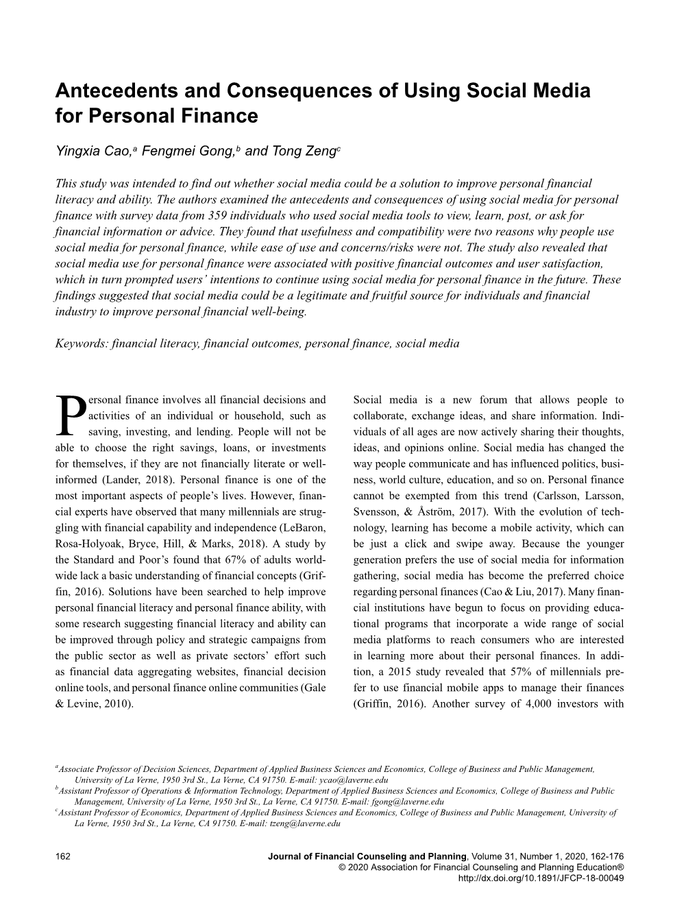 Antecedents and Consequences of Using Social Media for Personal Finance