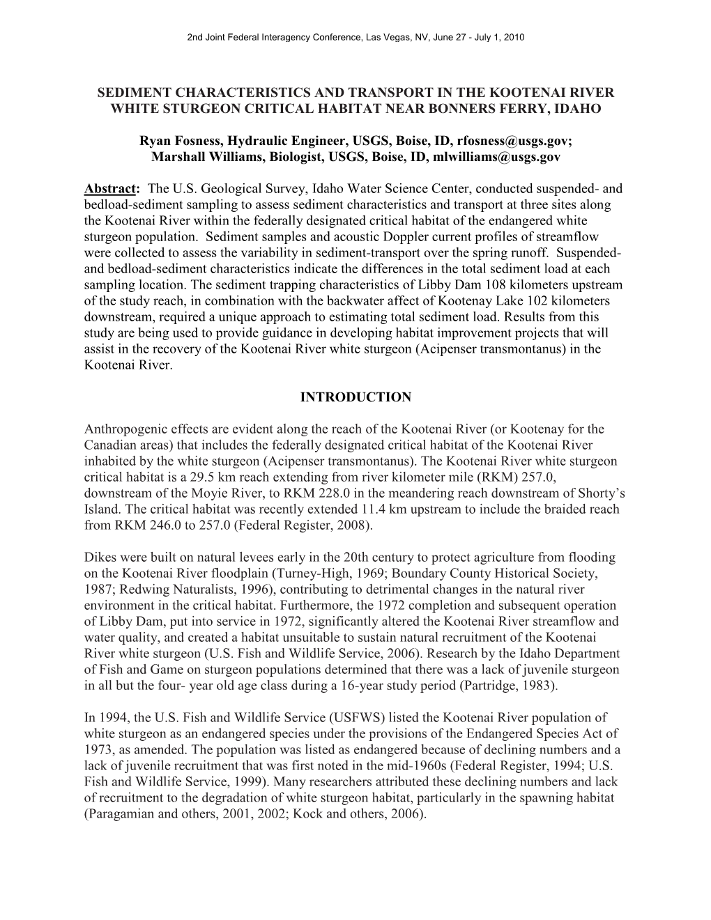 Sediment Characteristics and Transport in the Kootenai River White Sturgeon Critical Habitat Near Bonners Ferry, Idaho