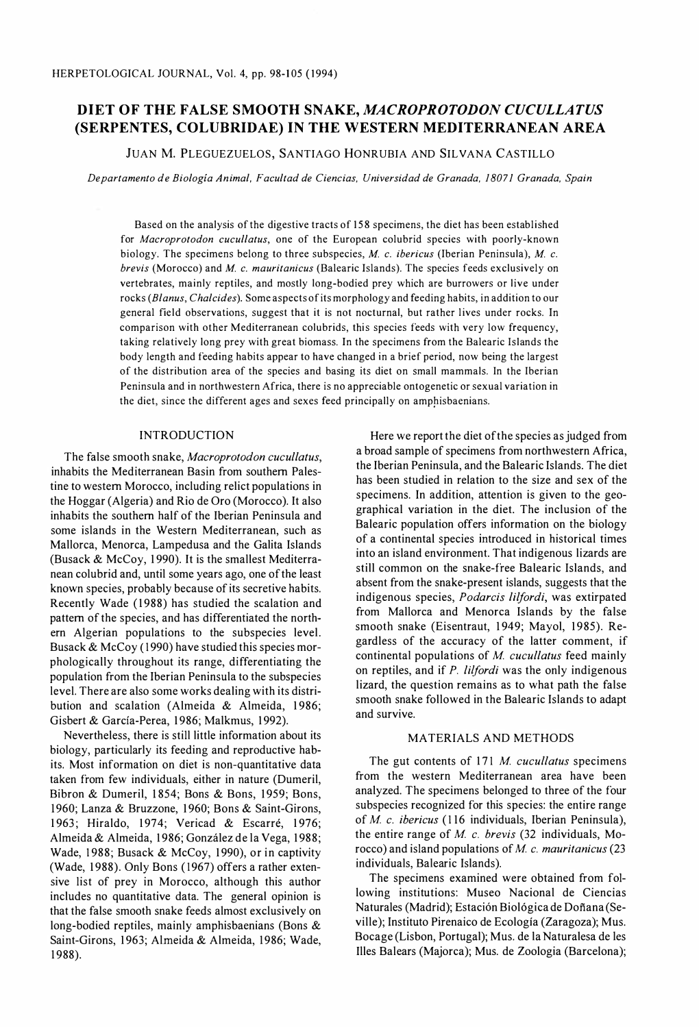 Diet of the False Smooth Snake, Macroprotodon Cucullatus (Serpentes, Colubridae) in the Western Mediterranean Area