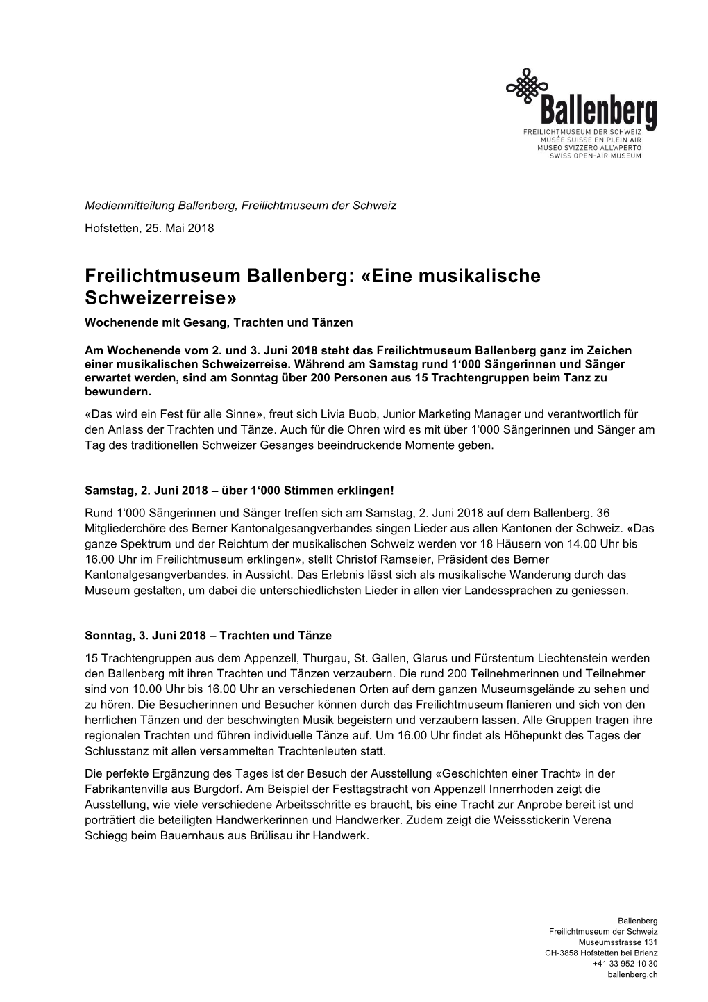 Freilichtmuseum Ballenberg: «Eine Musikalische Schweizerreise» Wochenende Mit Gesang, Trachten Und Tänzen