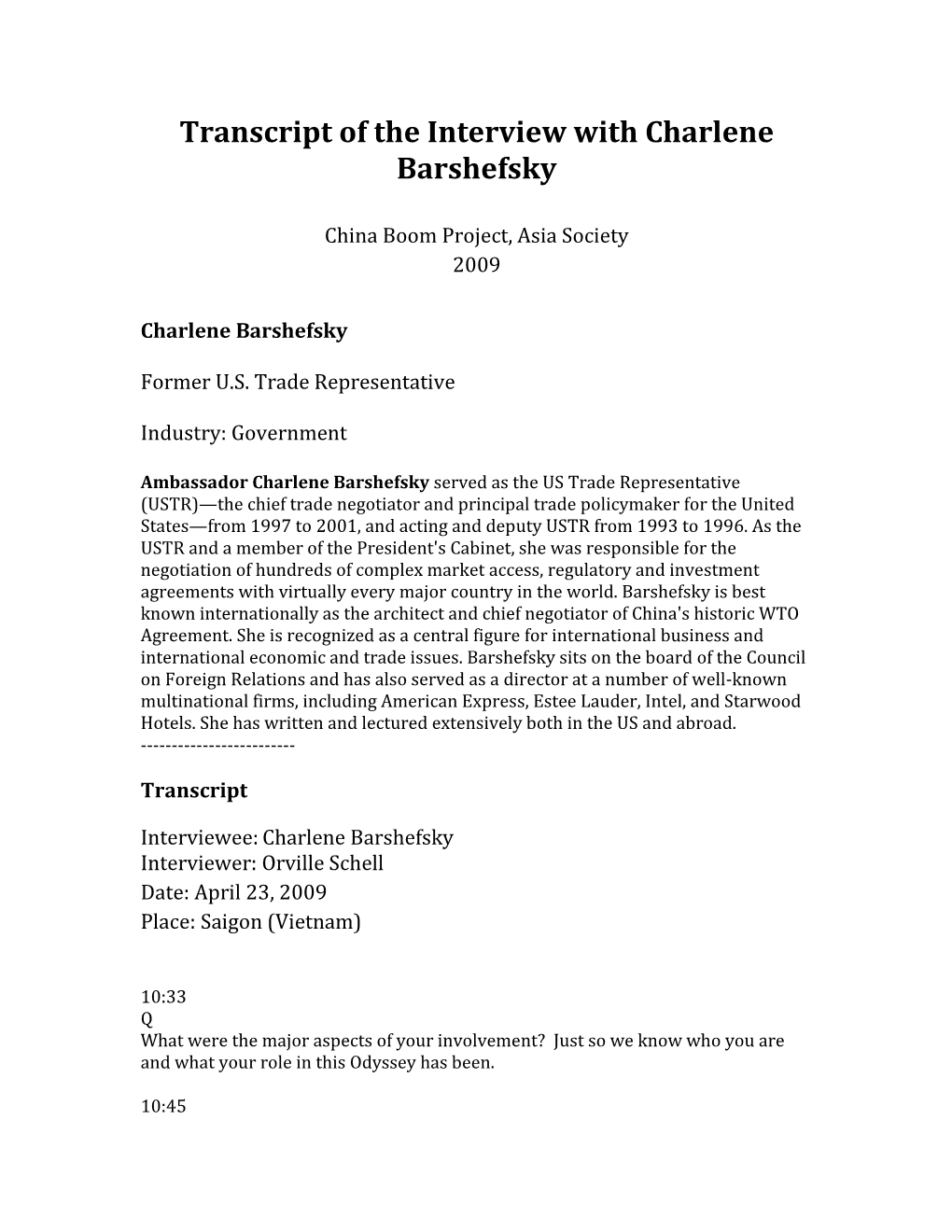 Transcript of the Interview with Charlene Barshefsky