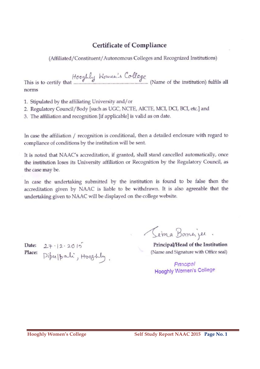 Hooghly Women‟S College Self Study Report NAAC 2015 Page No. 1