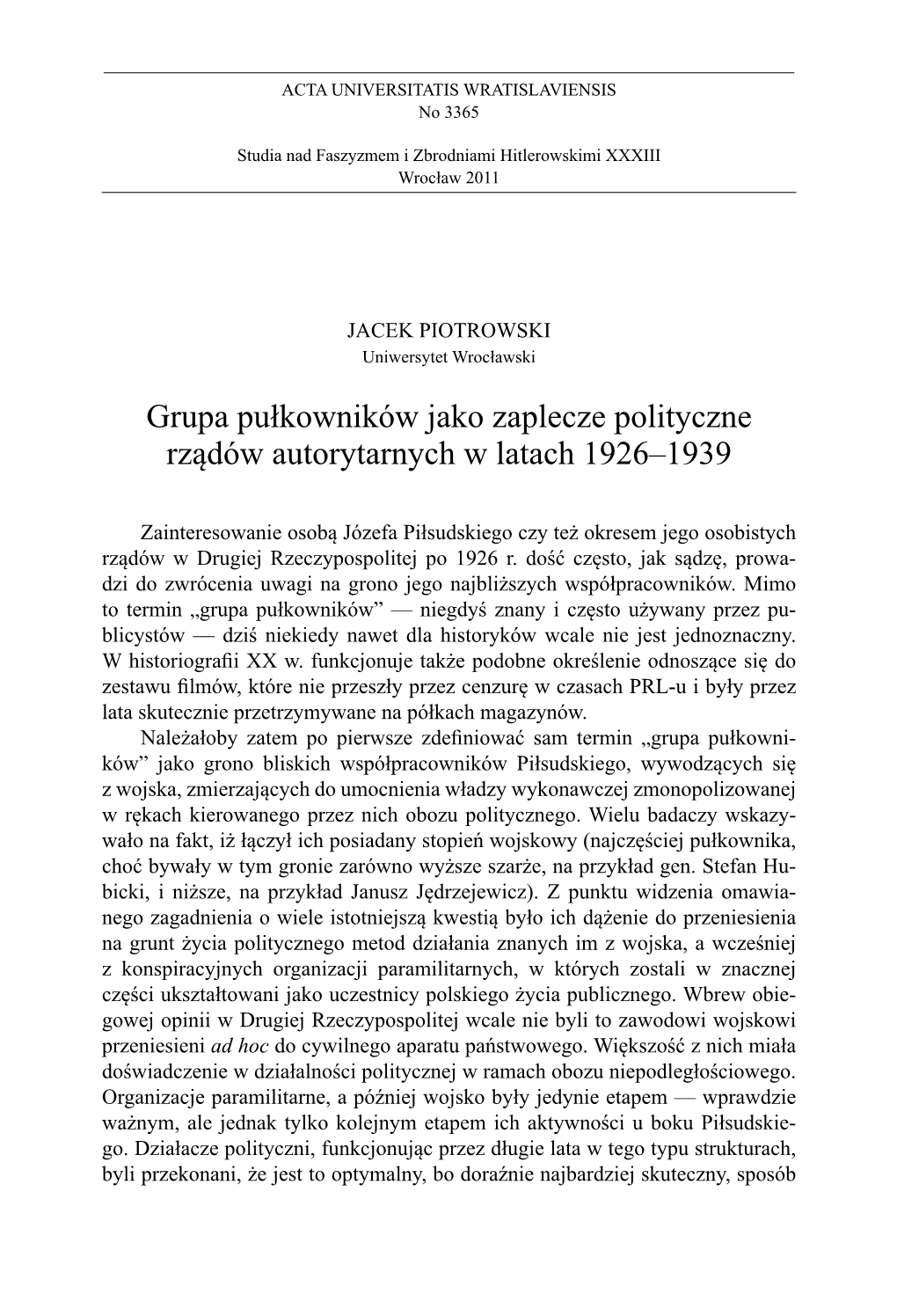 Grupa Pułkowników Jako Zaplecze Polityczne Rządów Autorytarnych W Latach 1926–1939