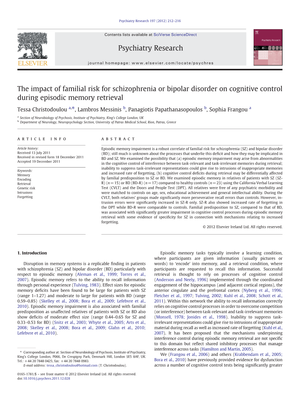 The Impact of Familial Risk for Schizophrenia Or Bipolar Disorder on Cognitive Control During Episodic Memory Retrieval