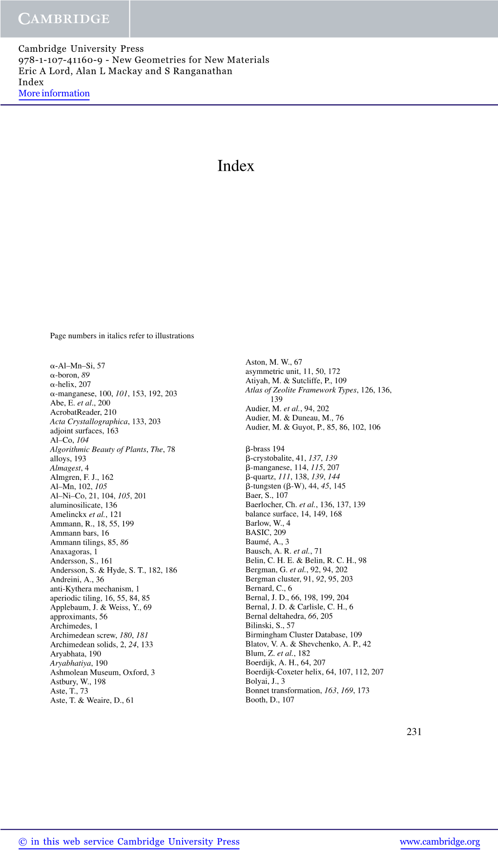 Cambridge University Press 978-1-107-41160-9 - New Geometries for New Materials Eric a Lord, Alan L Mackay and S Ranganathan Index More Information