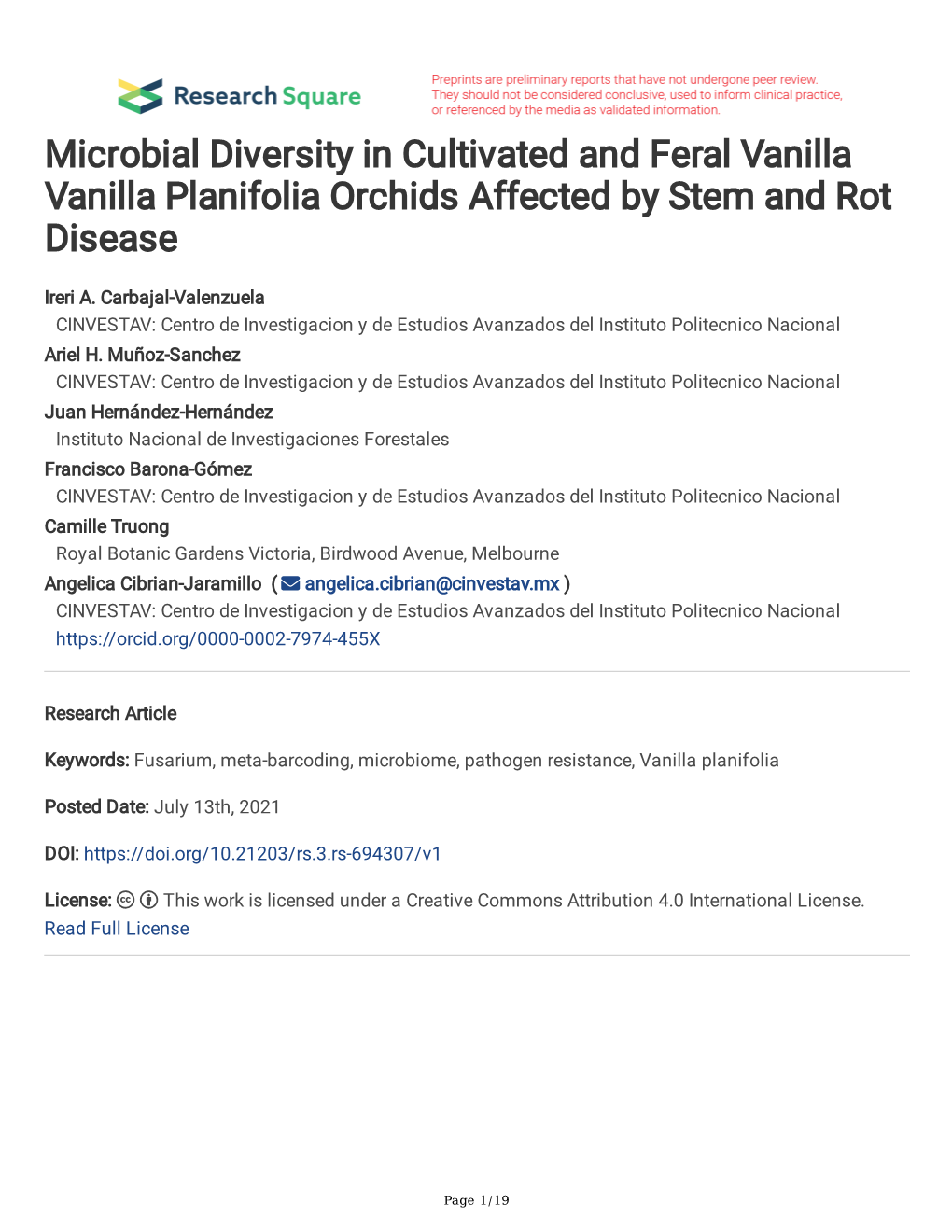 Microbial Diversity in Cultivated and Feral Vanilla Vanilla Planifolia Orchids Affected by Stem and Rot Disease