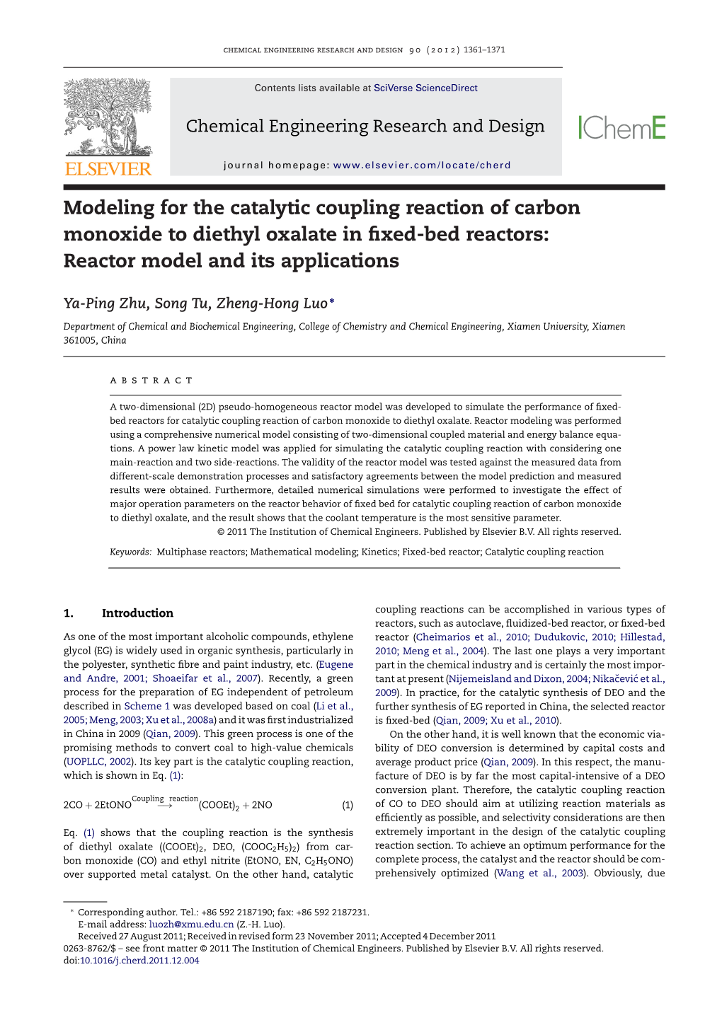 Modeling for the Catalytic Coupling Reaction of Carbon Monoxide to Diethyl Oxalate in Fixed-Bed Reactors: Reactor Model And