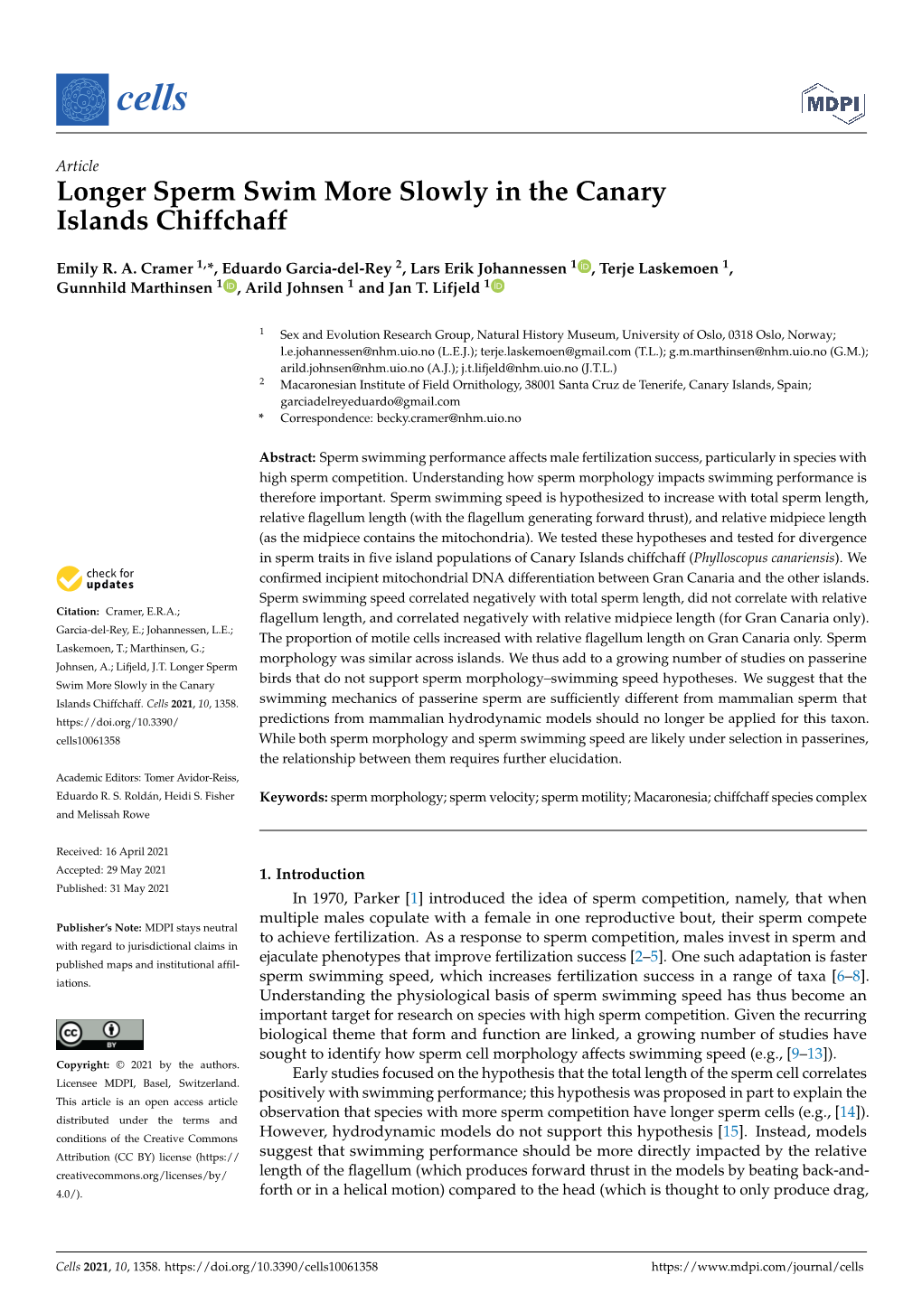 Longer Sperm Swim More Slowly in the Canary Islands Chiffchaff