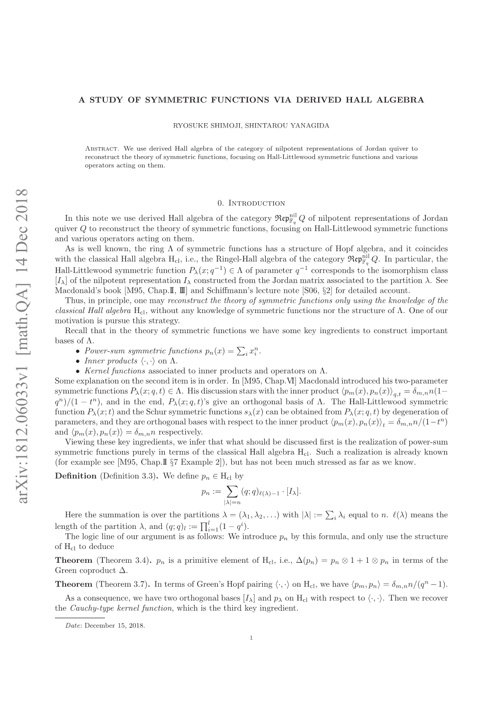 Arxiv:1812.06033V1 [Math.QA] 14 Dec 2018 Q Oeepaaino H Eodie Si Re.I M5 Hpv]Ma Chap.VI] [M95, in Order