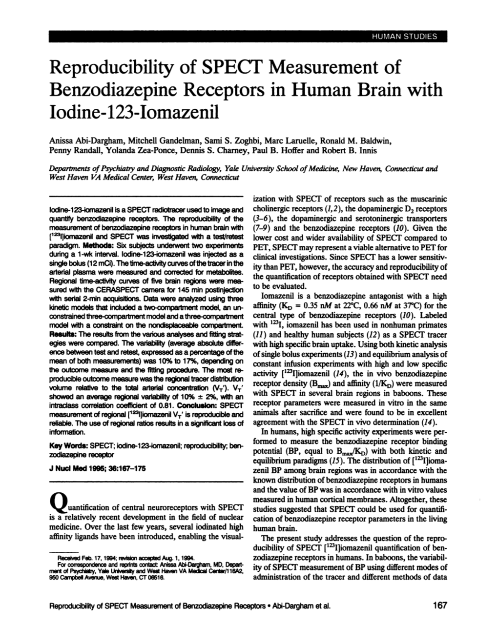 Reproducibility of SPECT Measurement of Benzodiazepine Receptors in Human Brain with Iodine-123-Iomazenil
