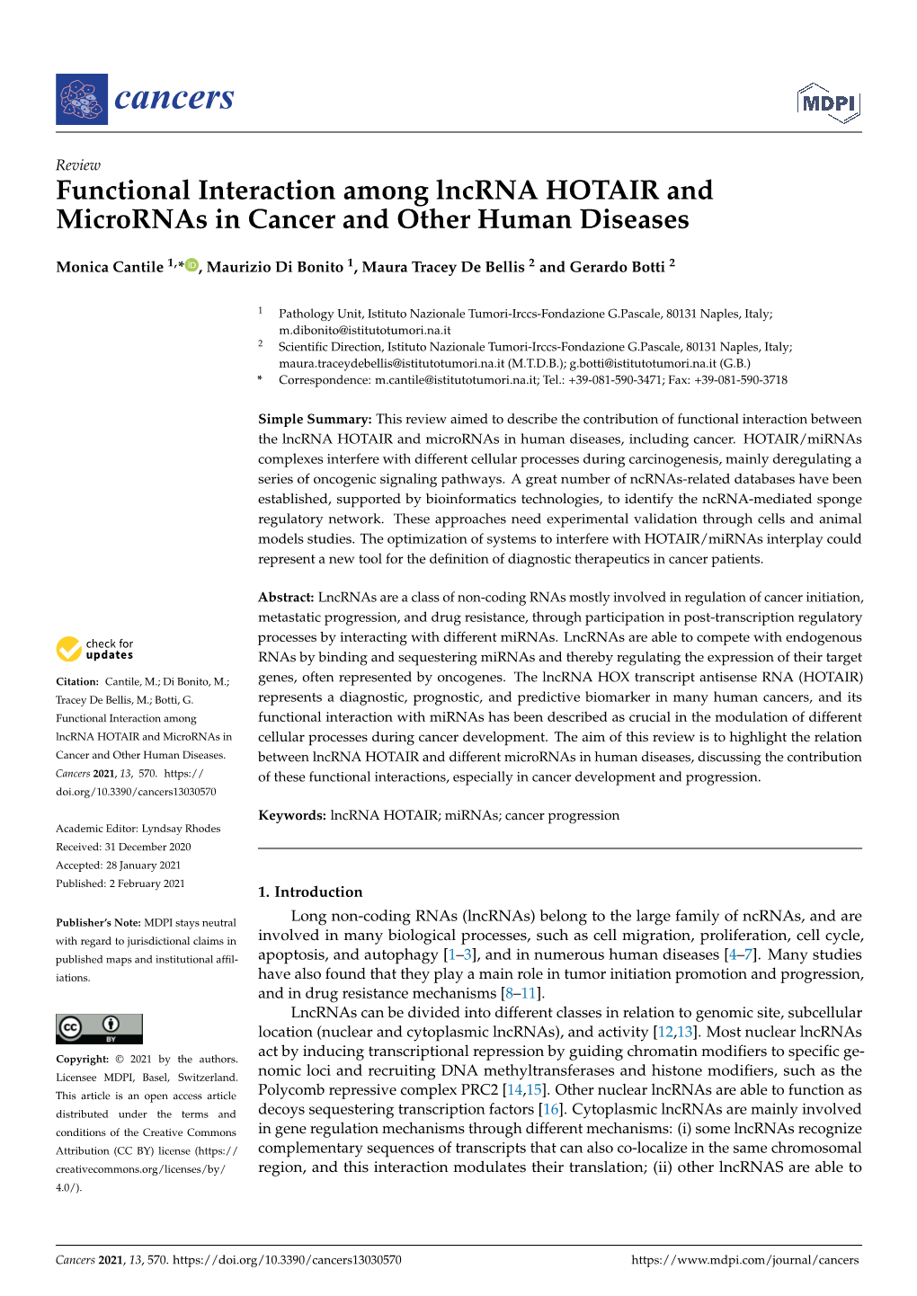 Functional Interaction Among Lncrna HOTAIR and Micrornas in Cancer and Other Human Diseases