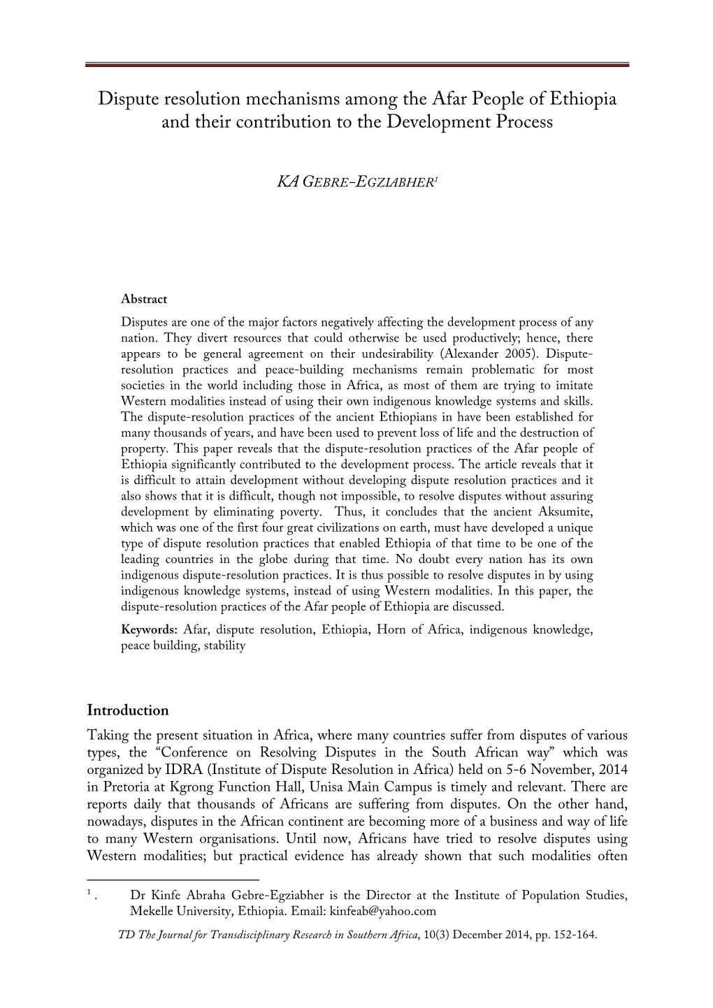 Dispute Resolution Mechanisms Among the Afar People of Ethiopia and Their Contribution to the Development Process