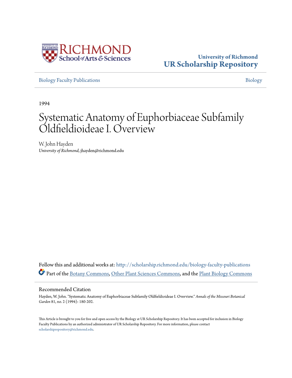 Systematic Anatomy of Euphorbiaceae Subfamily Oldfieldioideae I