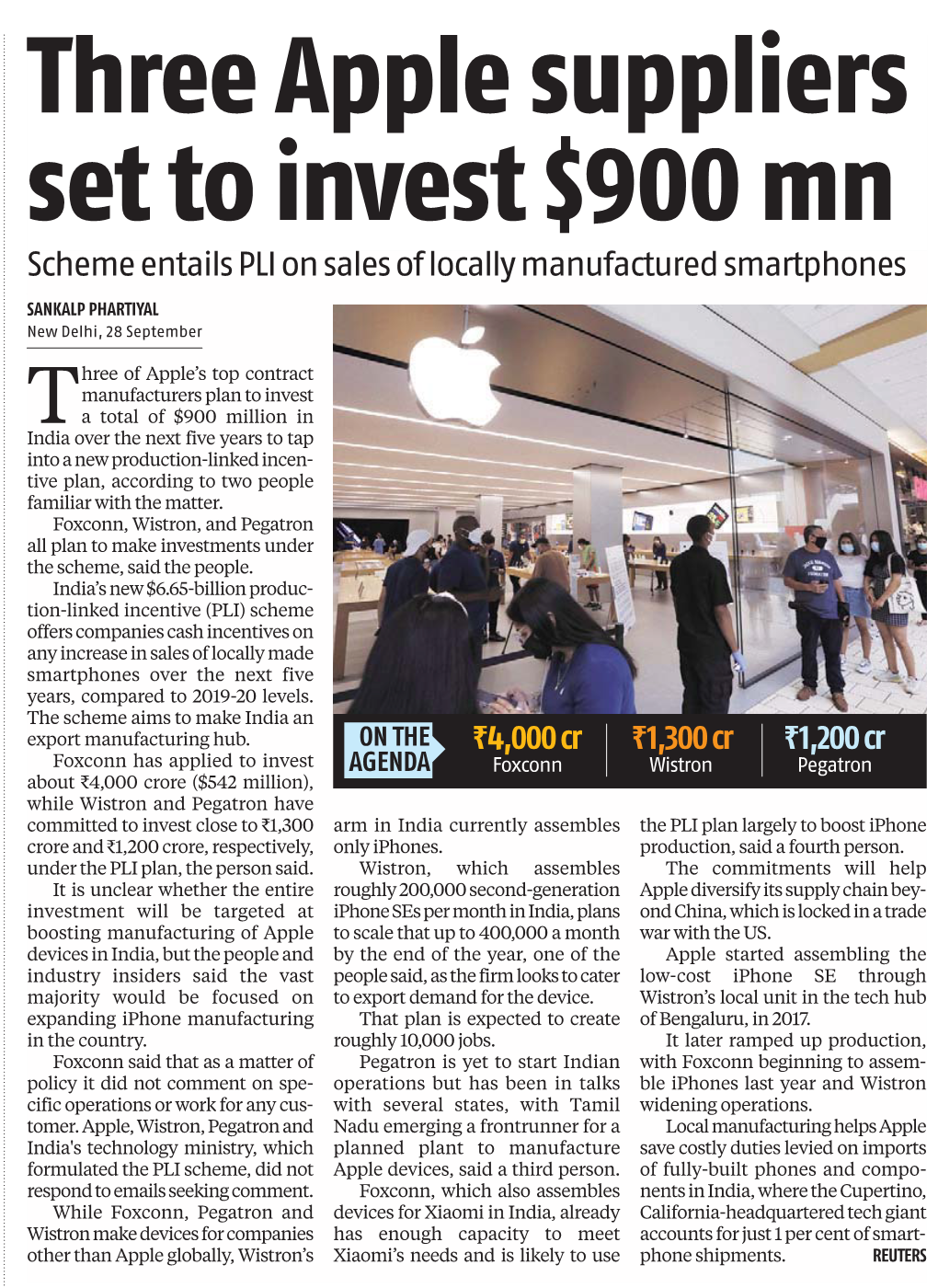 Three Apple Suppliers Set to Invest $900 Mn Scheme Entails PLI on Sales of Locally Manufactured Smartphones SANKALP PHARTIYAL New Delhi, 28 September