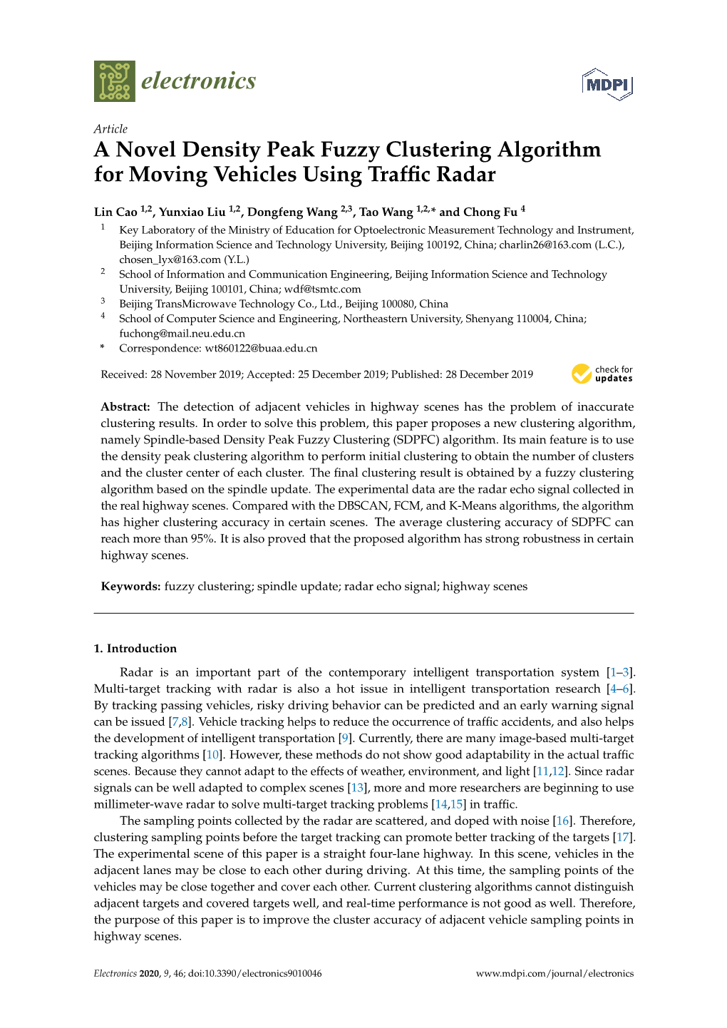 A Novel Density Peak Fuzzy Clustering Algorithm for Moving Vehicles Using Traffic Radar
