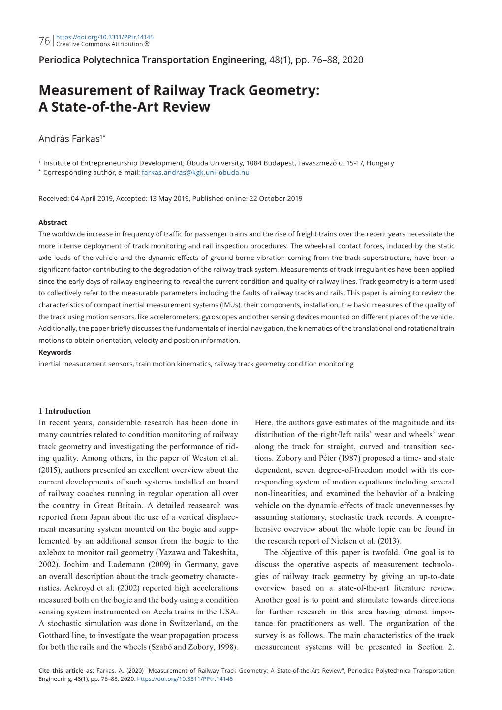 Measurement of Railway Track Geometry: a State-Of-The-Art Review