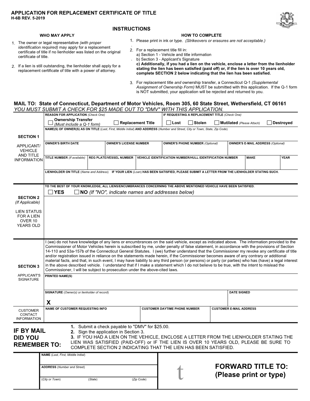 Application for Replacement Certificate of Title H-6B Rev