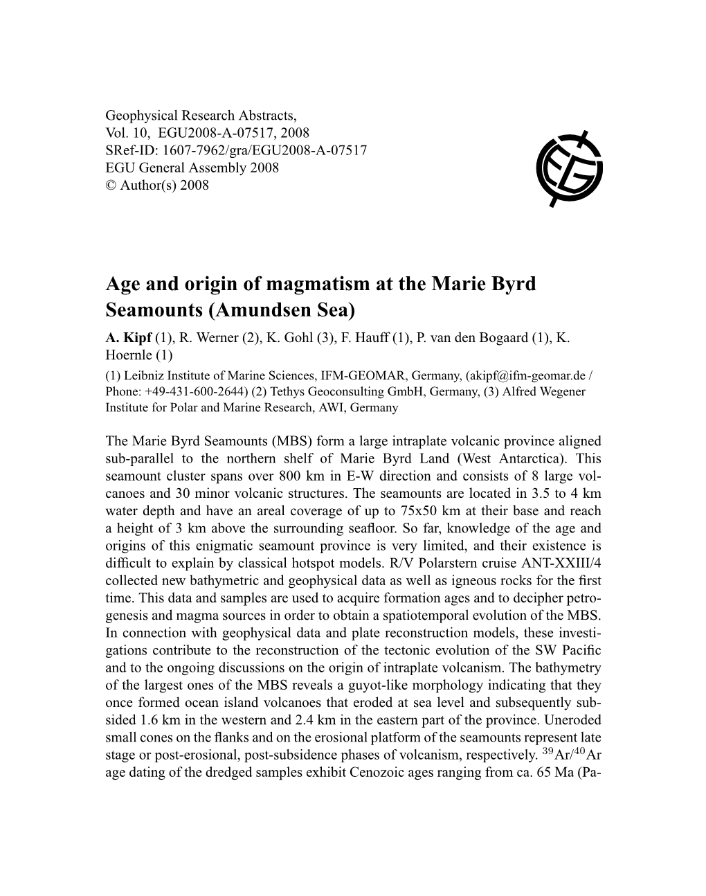 Age and Origin of Magmatism at the Marie Byrd Seamounts (Amundsen Sea) A