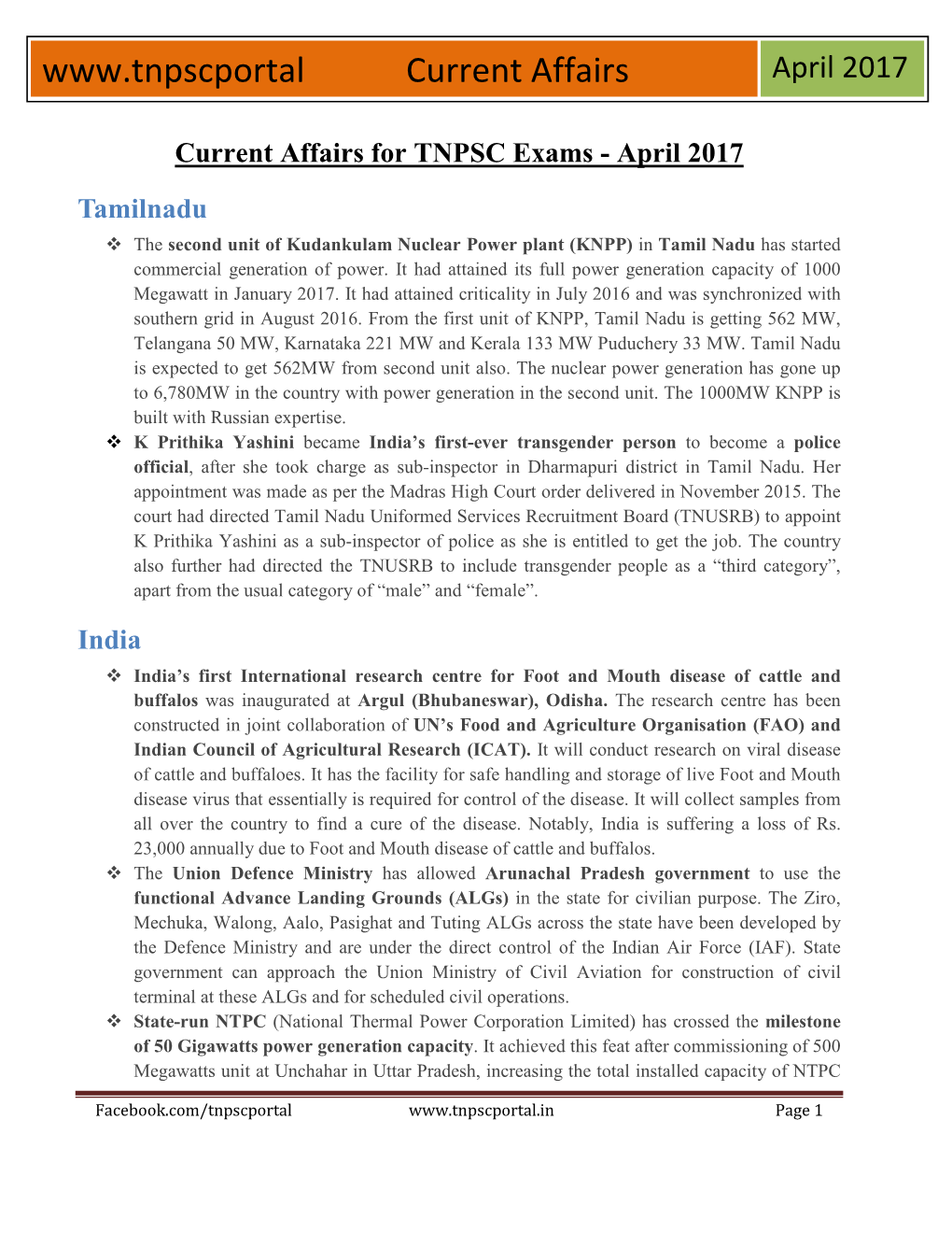 Current Affairs for TNPSC Exams