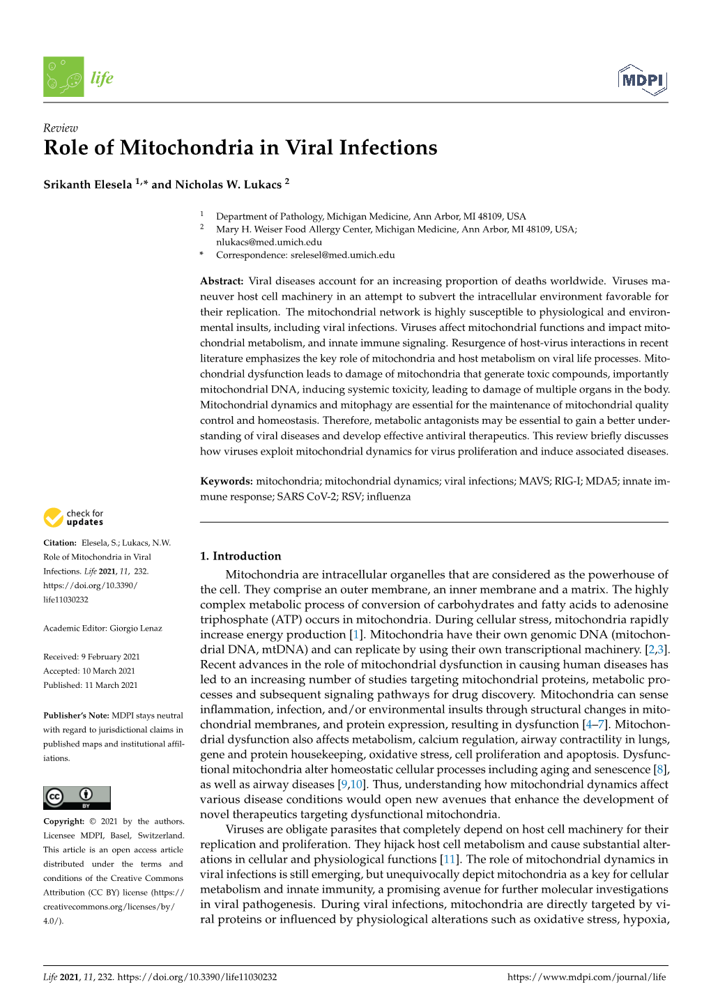 Role of Mitochondria in Viral Infections