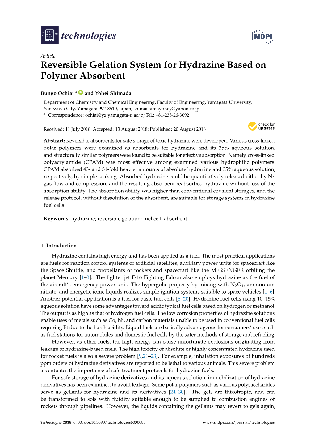 Reversible Gelation System for Hydrazine Based on Polymer Absorbent