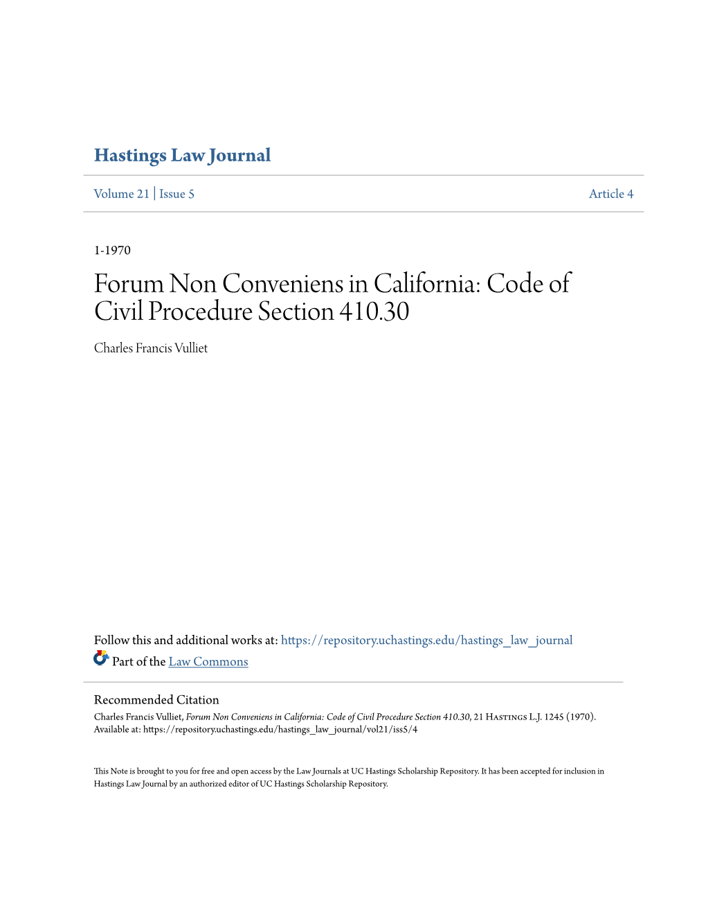 Forum Non Conveniens in California: Code of Civil Procedure Section 410.30 Charles Francis Vulliet