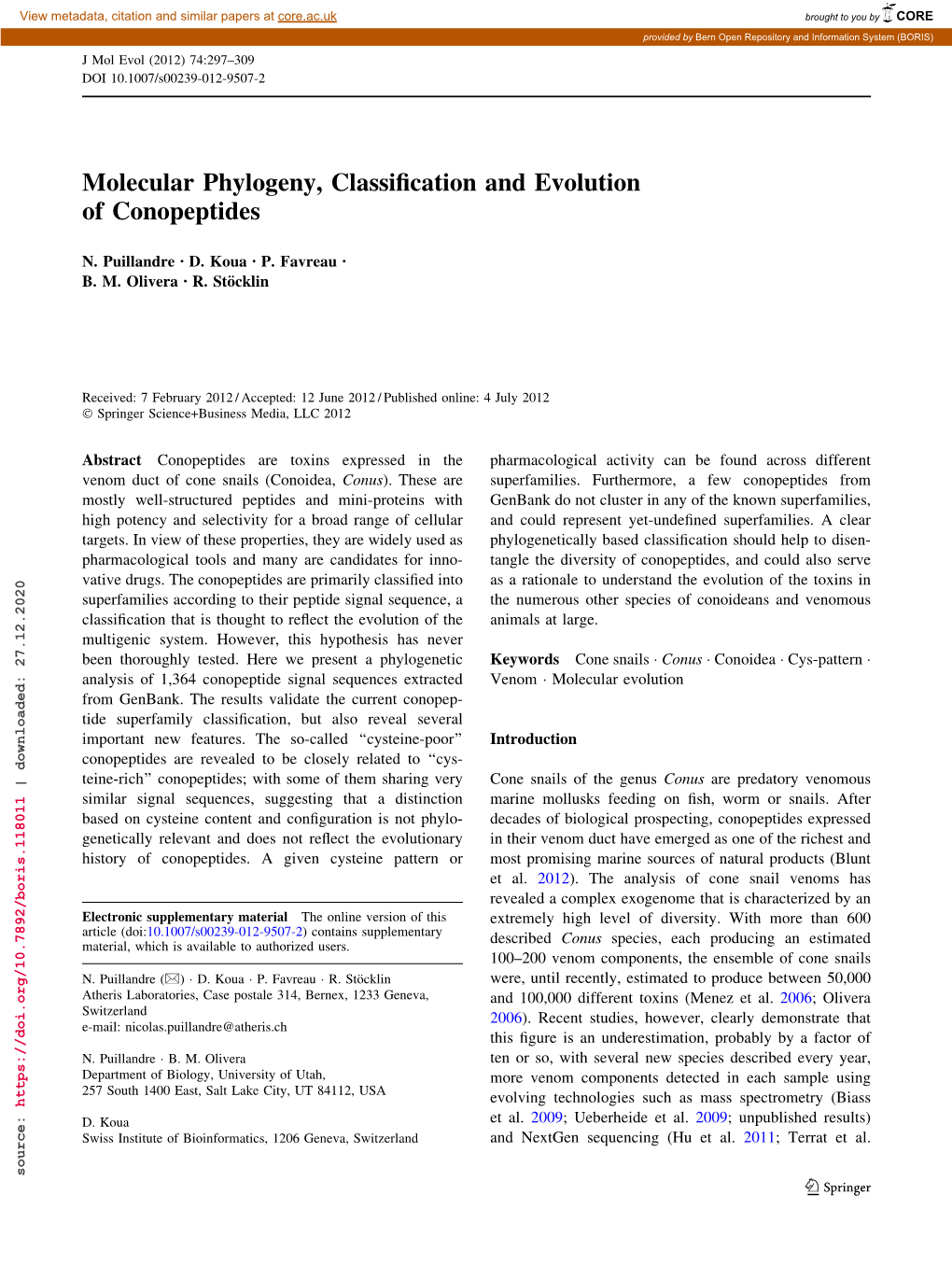 Molecular Phylogeny, Classification and Evolution of Conopeptides